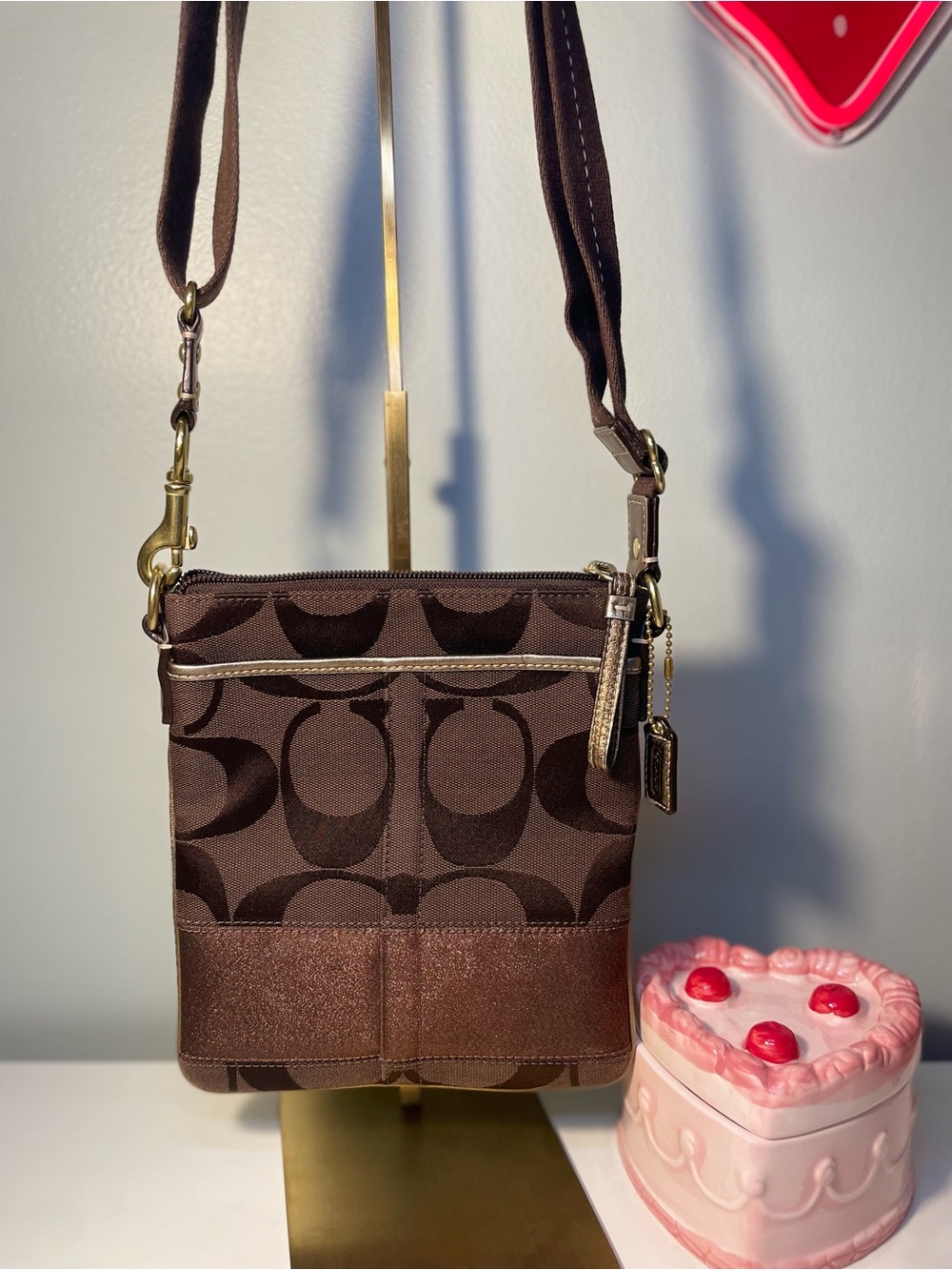 Coach Brown Signature Stripe Crossbody with Gold Hardware